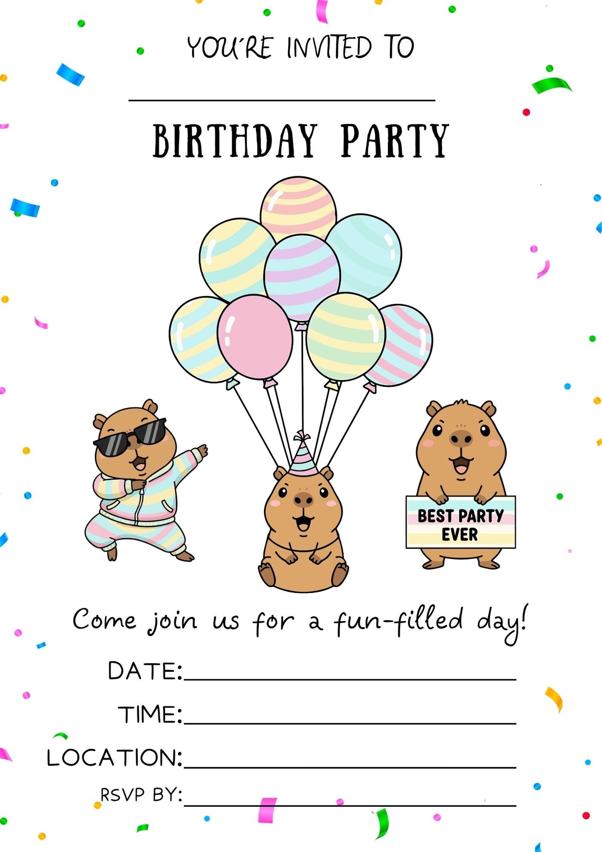 Cute Capybara Birthday Invitation – Printable Kids’ Party Invite