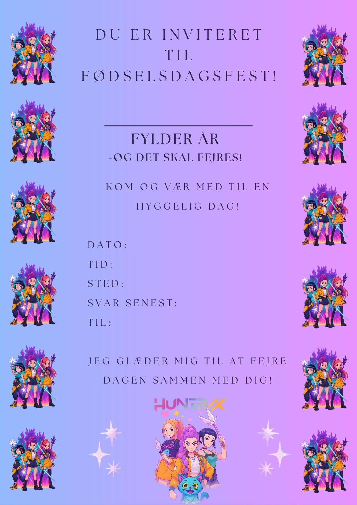 Huntrix & Demon Hunters Fødselsdagsinvitation – Print Selv