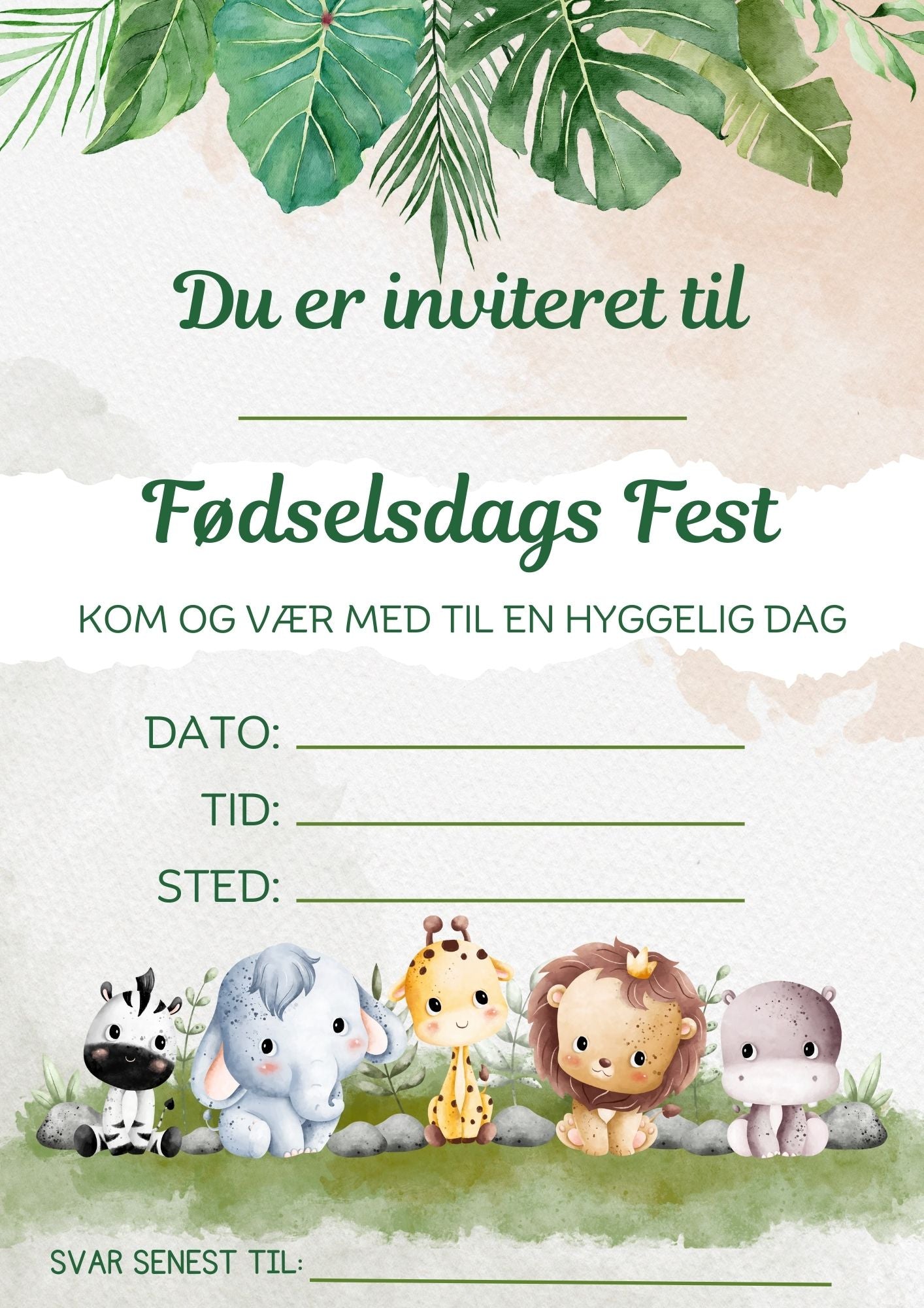 Invitation til børnefødselsdag – Print selv invitation med søde dyr | Download PDF