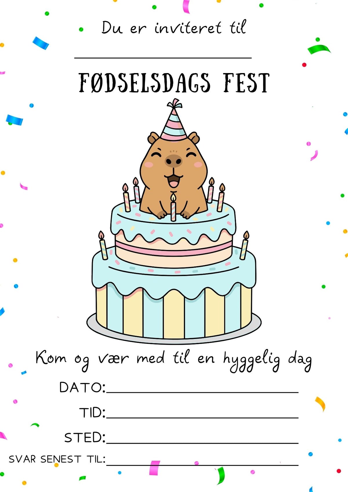 Sød Capybara Fødselsdagsinvitation – Print Selv