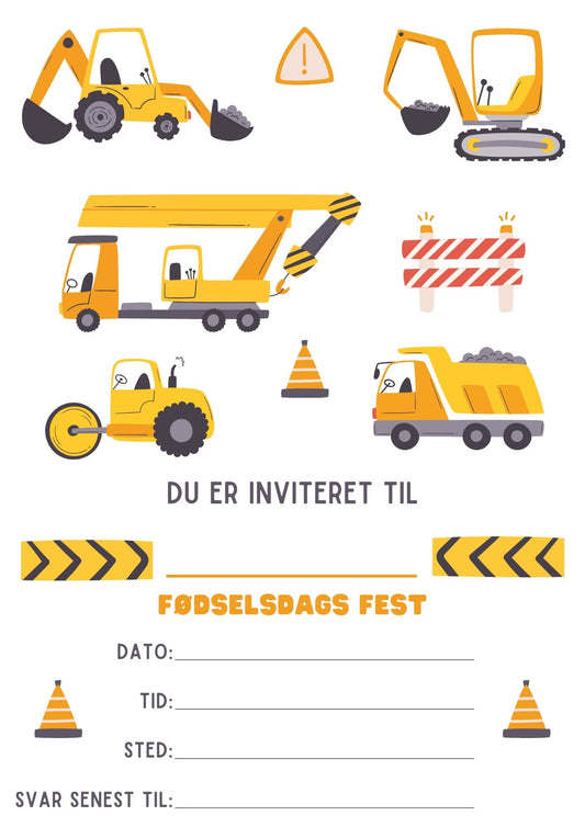 Invitation til børnefødselsdag – Gravemaskiner & byggeplads | Print selv PDF
